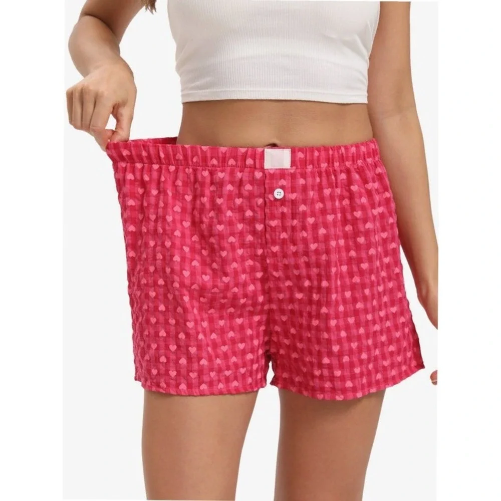 Women's Pink Heart Print M Pajama Shorts Micro Button Boxers Elastic Waist Cute